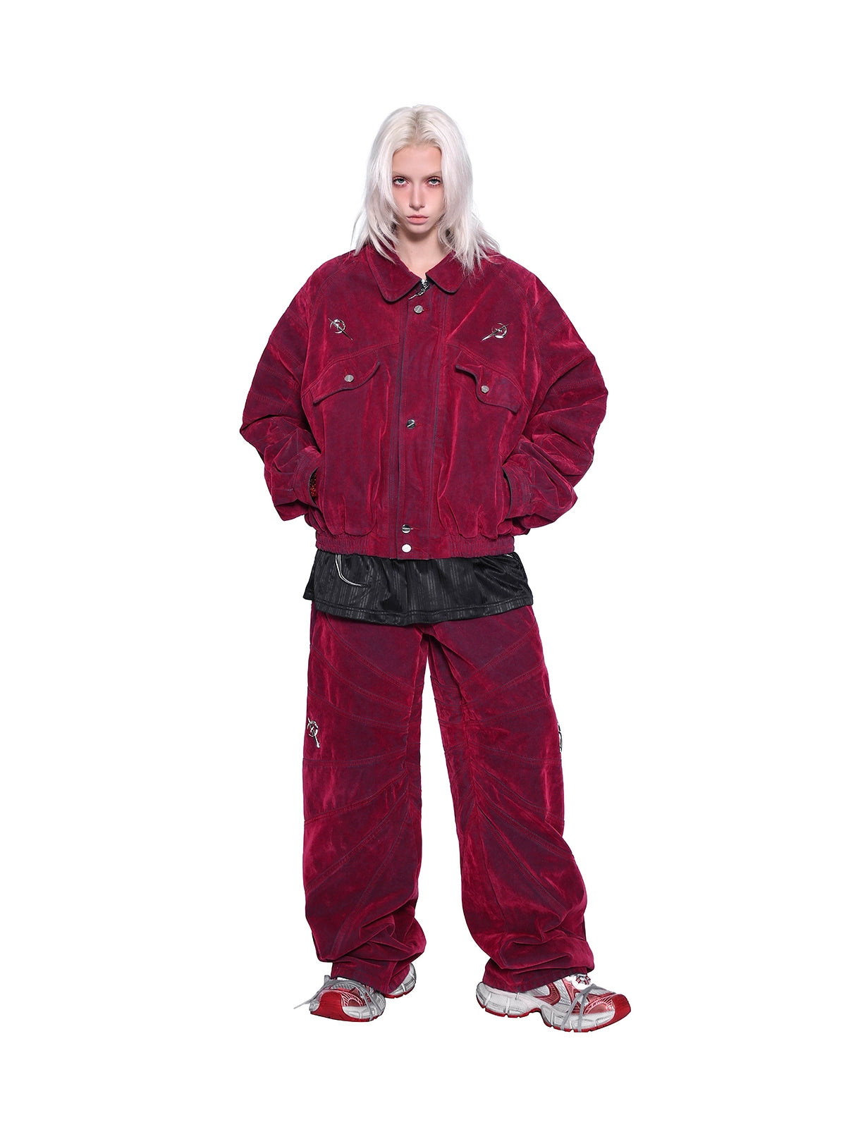 Velvet Red Denim Jacket – Padded Shoulders Electric Moon Genderless Style