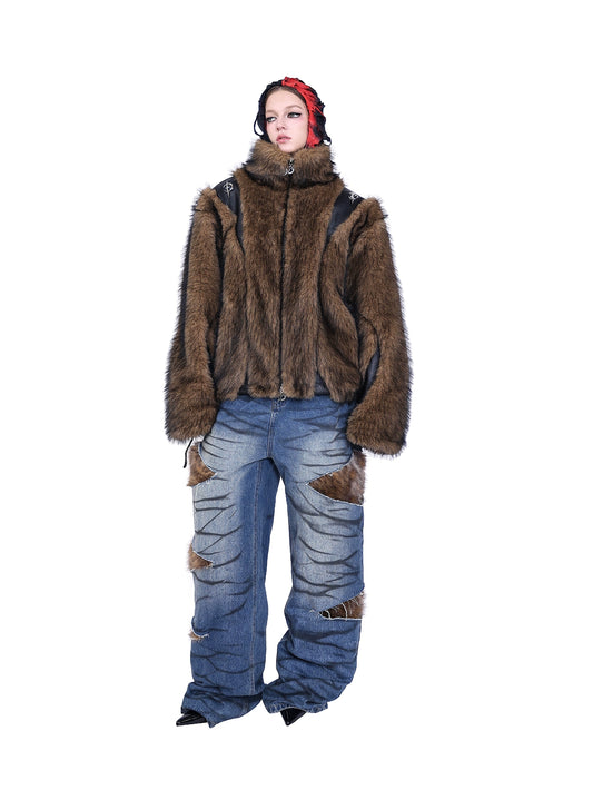 Split Stitch Electric Moon Y2K Fur Lazy Street Jacket