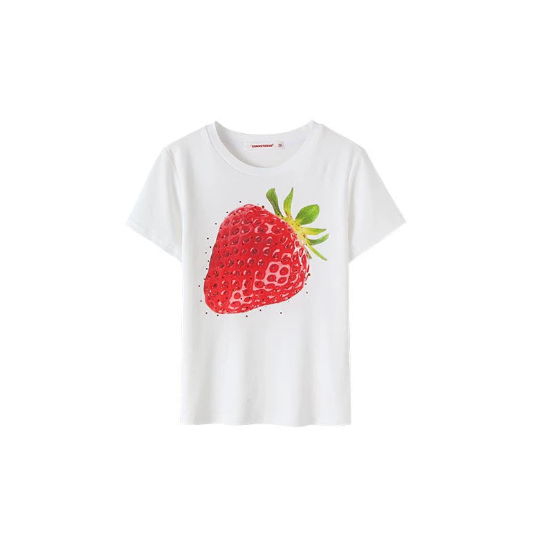 Summer Fruit Print Rhinestone Cropped T-Shirt – Elastic Slim Fit