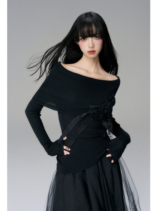 Straight-Necked Off-Shoulder Knitwear with Gentle Floral Accents