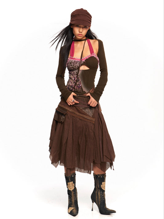 Patchwork Slim Vintage Dress – Layered Aesthetic