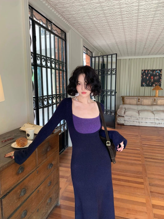 Half-String Poem Purple Slim Wool Long Knitted Dress – Romantic Charm