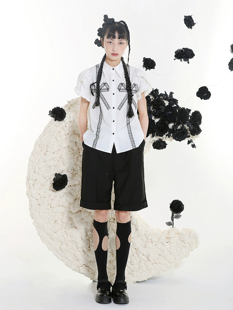 Dark Sweet Cool Lace Bow Short Sleeve Wood Ear Shirt