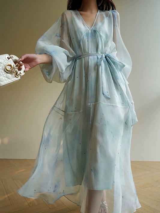 V-Neck Smudge Print Fairy Dress – Soft French Mood