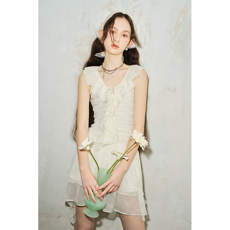 فستان مطوي الدانتيل المرقعة الخامس الرقبة