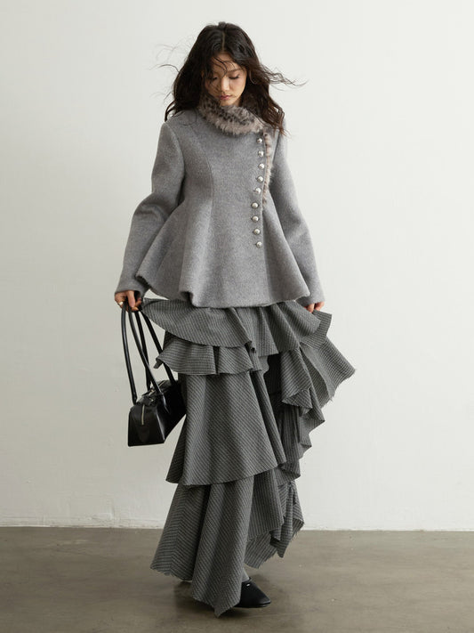 Leopard Fur Collar Wool Jacket | Asymmetrical Gray Winter Coat