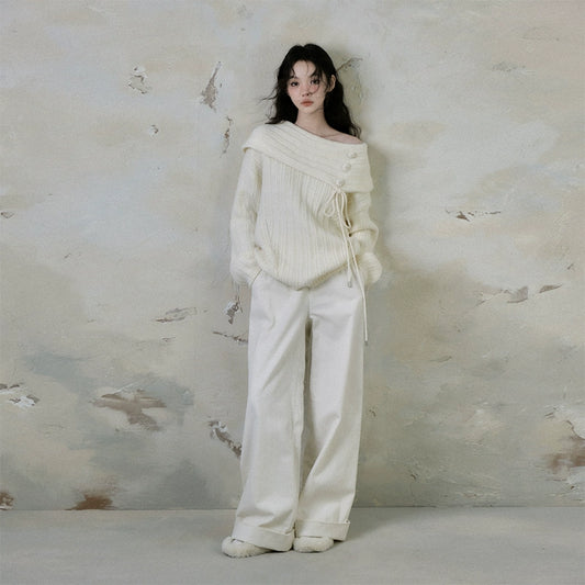 Cream Sweet Cheese High Waisted Corduroy Wide Leg Pants