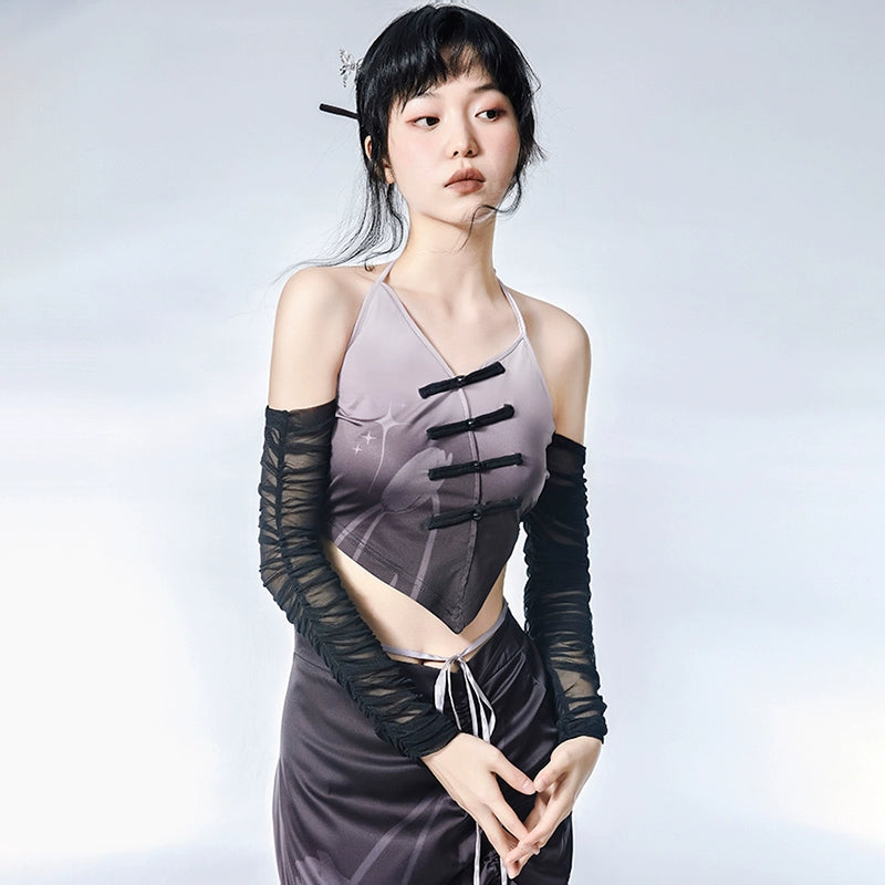 New Chinese Plate Button Purple Gradient Tulip Top