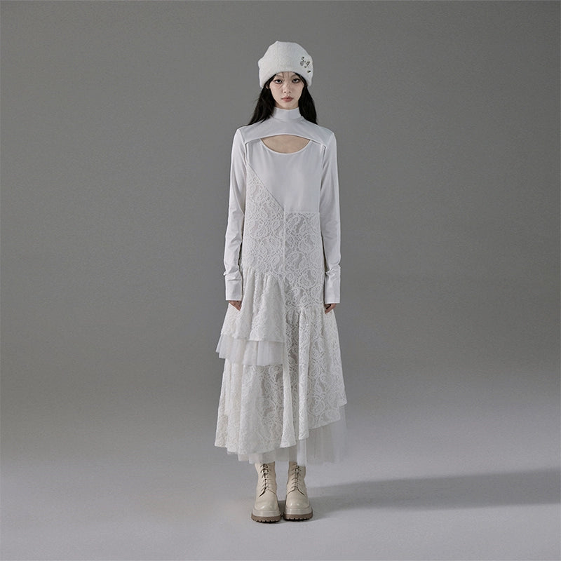 White Gardenia Jasmine Asymmetric Jacquard Long Dress