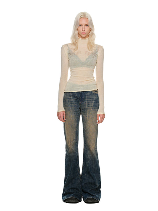 Rose Diamond Knitted High Neck Base Layer Women's Inner Wear Outer Wear High Stretch Slim Sheer Top