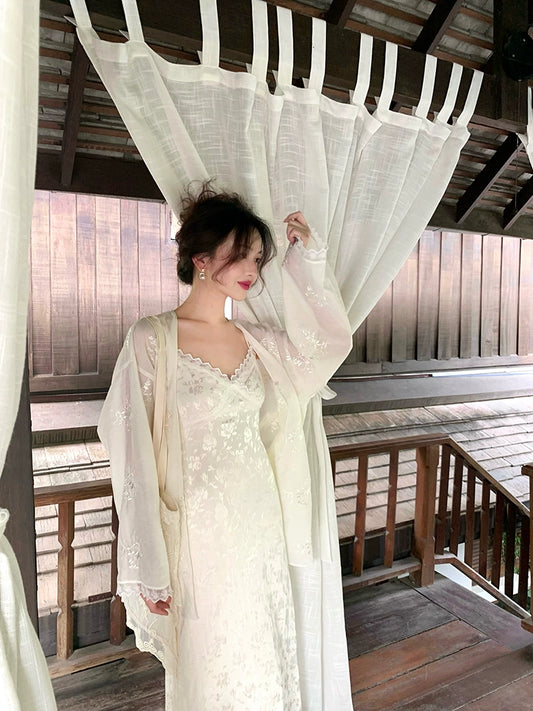 Lace V-Neck Long Suspender Dress