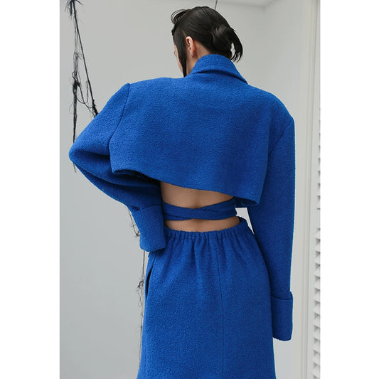 Klein Blue Wide Shoulder Hollow Woolen Coat T345