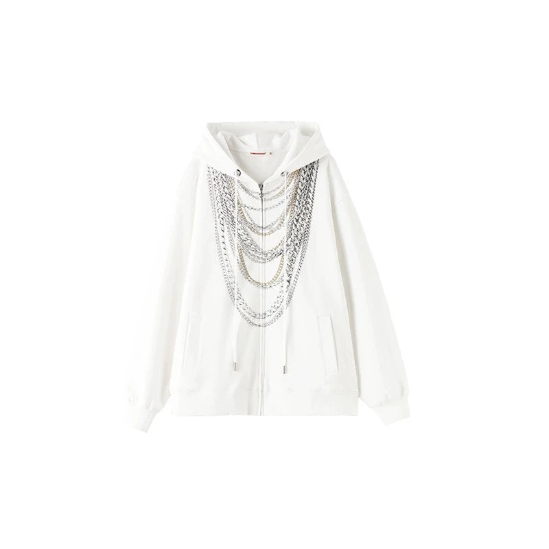 Oversized Chain Print Sweatshirt Cardigan – Heavyweight Slouchy Top