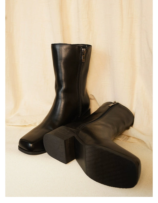 Retro Square-Toe Leather Mid-Calf Martin Boots – 4CM Block Heel