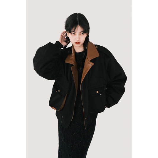 Chaqueta negra retro de algodón de invierno - Cuello de PU empalmado