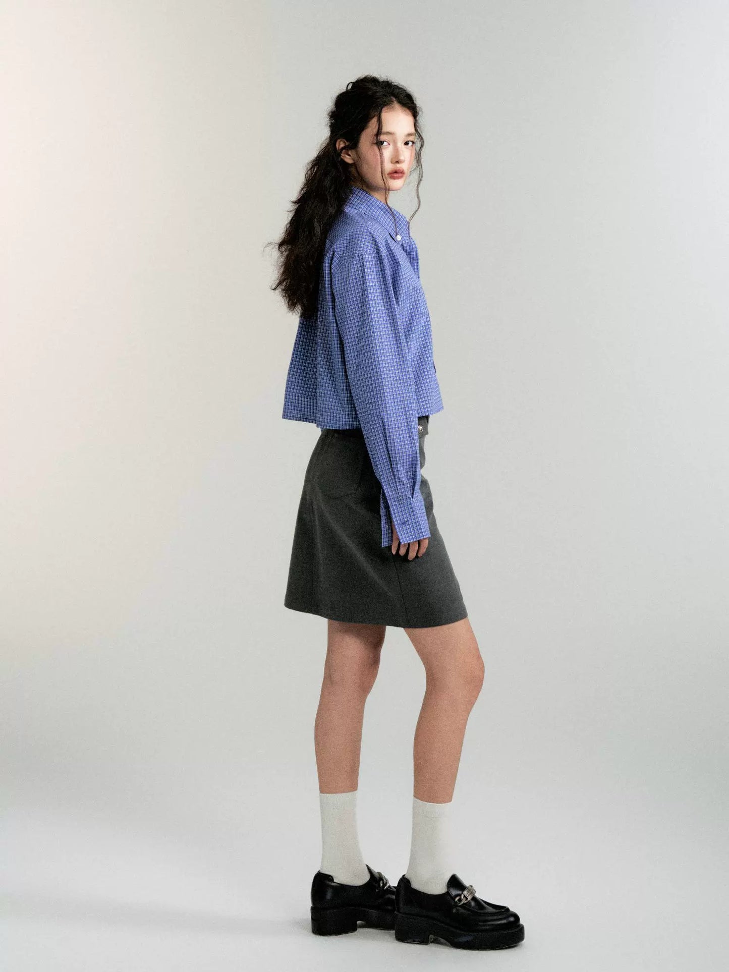 Cropped Cotton Blue Plaid Shirt (Vintage Autumn Look)