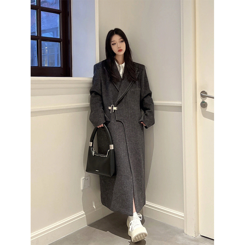 Grey Herringbone Wool Coat