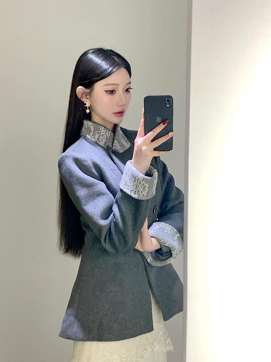 French Chic Woolen Jacket – High-End Waist-Cinched Tweed Suit Top