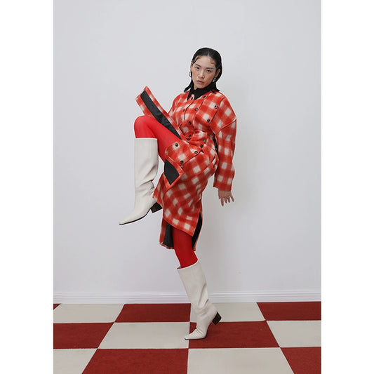 콘트라스트 칼라 체크 모직 코트 D416