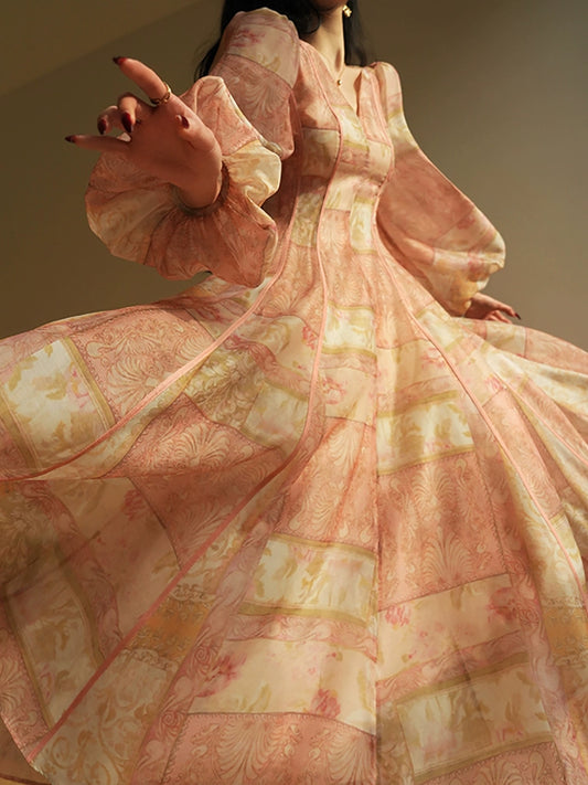 Porcelain Blossom Slim Tea Dress – Romantic French Style