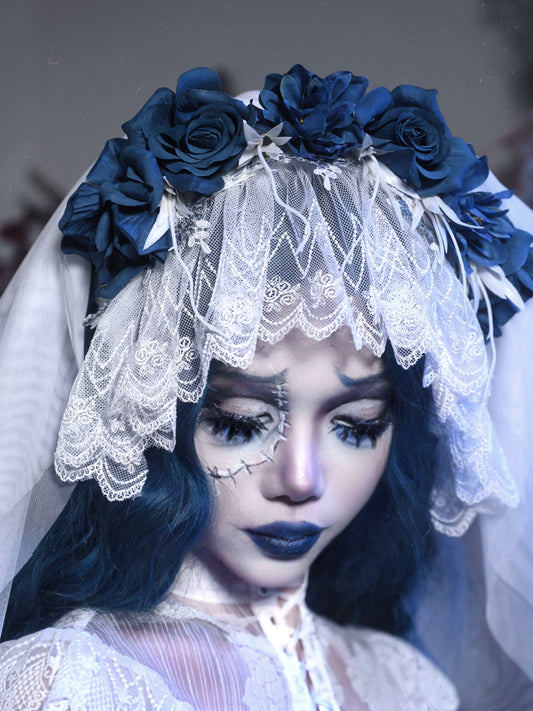 Zombie Bride White Gothic Design Rose Chiffon Mesh with Veil Headgear