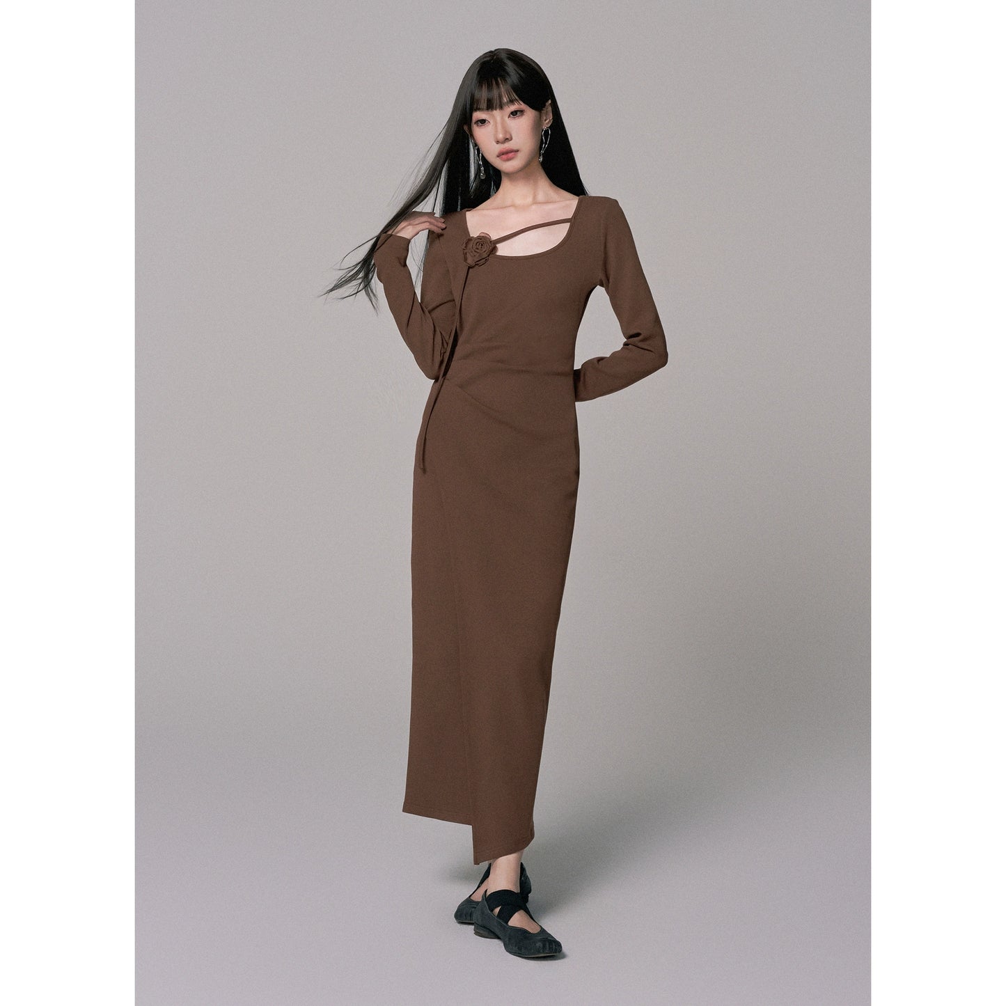 Rose Knitted U-Neck Slim Long Dress for Women (Autumn Edition)