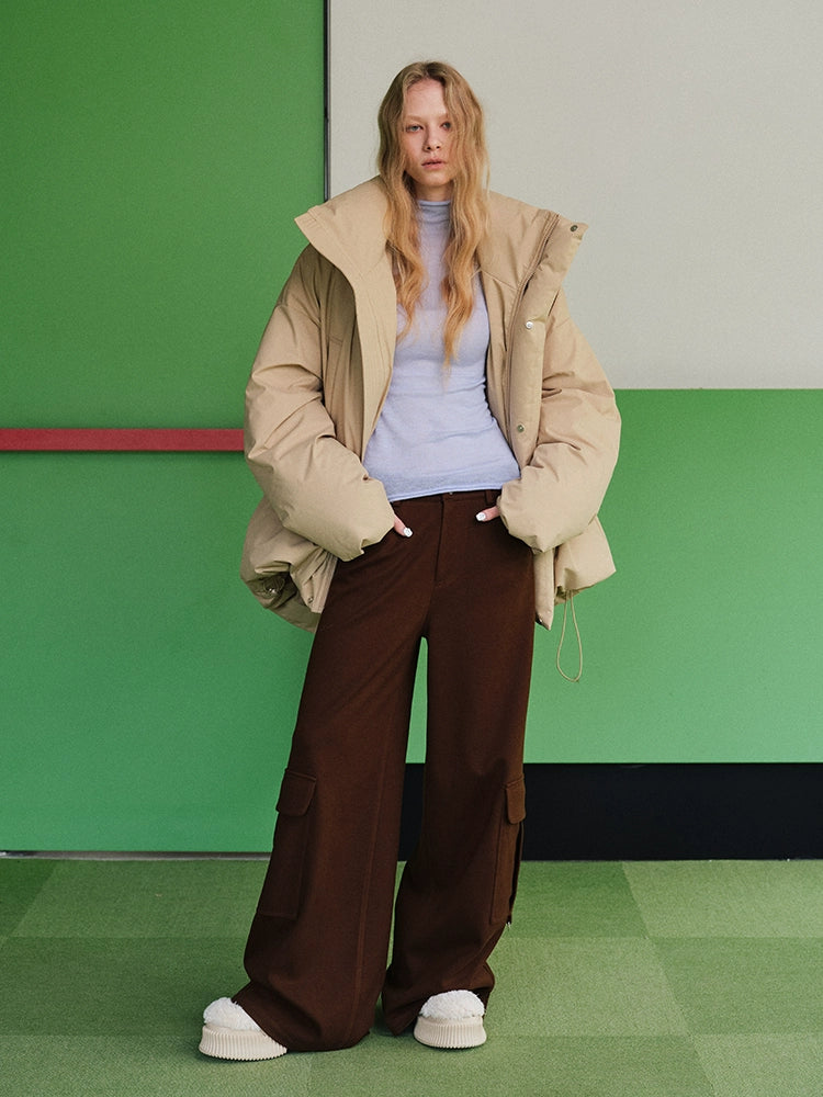 White Duck Down Stand Collar Puffer Jacket – Warm & Loose Fit Winter Outerwear