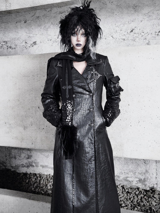 Gothic Crackle Leather Coat – Warm Lambswool Suit Jacket