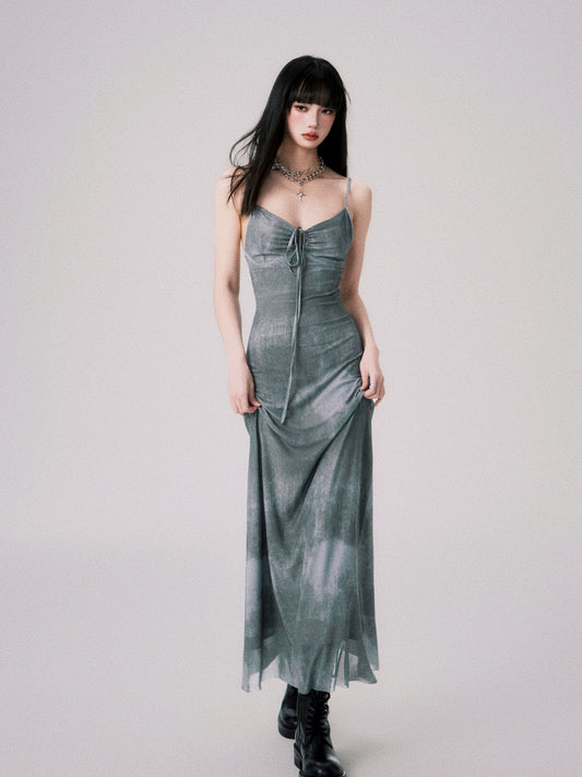Vintage Tie-Dye Grey Green Mesh Stretch Slip Dress