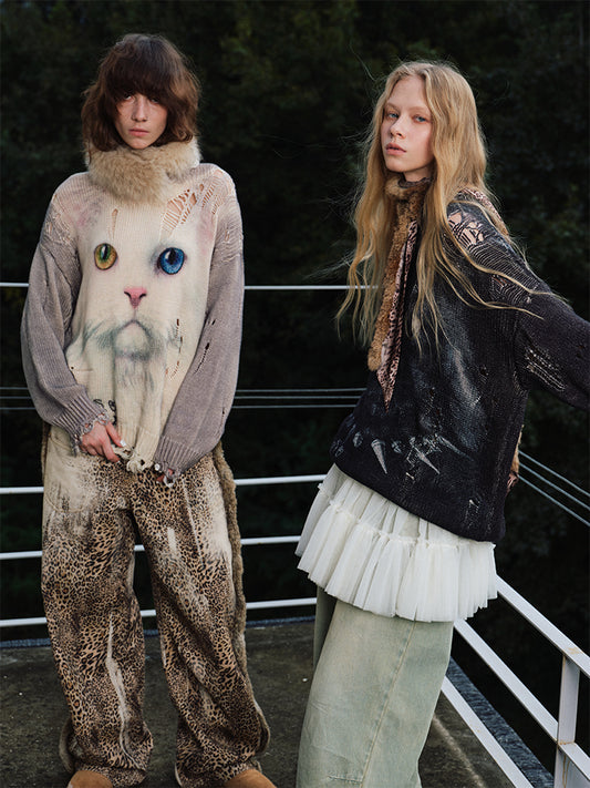 Cat Print Ripped Oversized Sweater – Slouchy Long Sleeve Knit