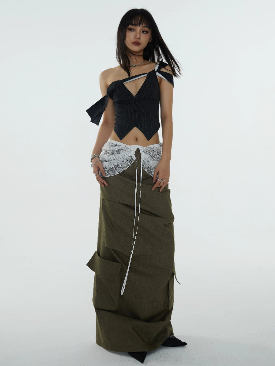 Gonna da lavoro in pizzo con spalline retrò con tasche