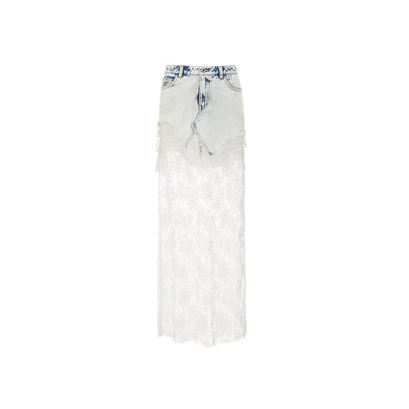 French Lace Panel Denim Maxi Skirt – Sheer Feminine Design