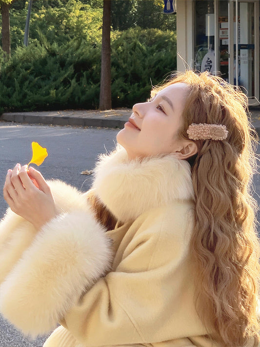 Golden Wool Cape – Luxe Korean Fox Fur Cashmere Outerwear