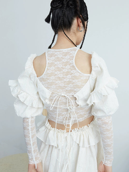 Abito con maniche a palloncino avvolgenti con volant jacquard retrò