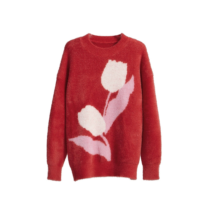 Original and niche design with ears, passionate love for tulips, lazy style, contrasting color wool woven round neck pullover sweater