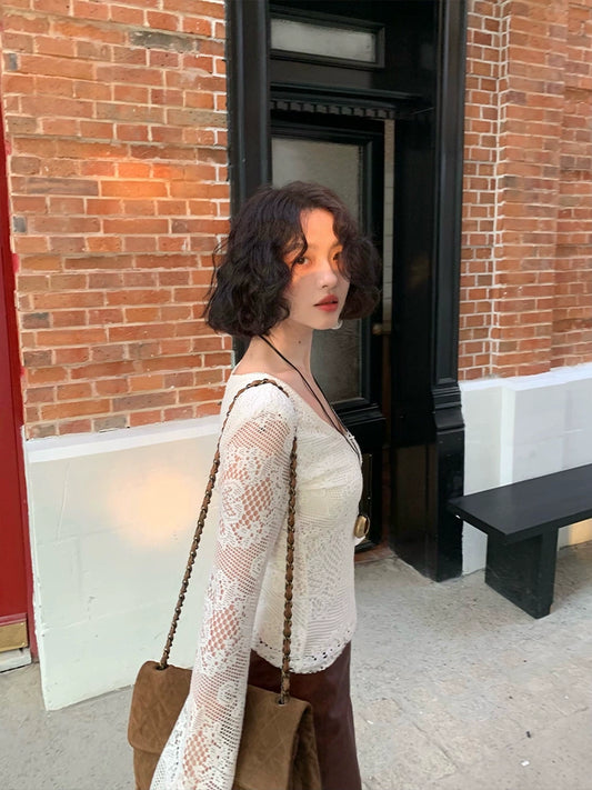 When the Fog Clears Sheer V-Neck Lace Long Sleeve Top – Cropped Fit