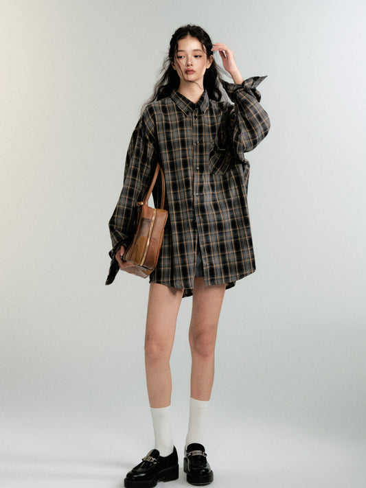 Color-Block Loose Check Long-Sleeve Shirt Jacket (Retro Style)