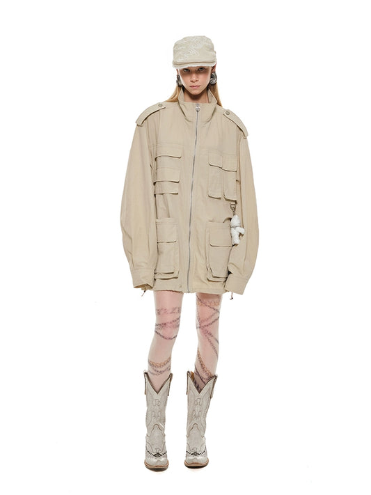 3D Pocket Cargo Midi Trench Coat – Vintage Solid Color Utility Jacket