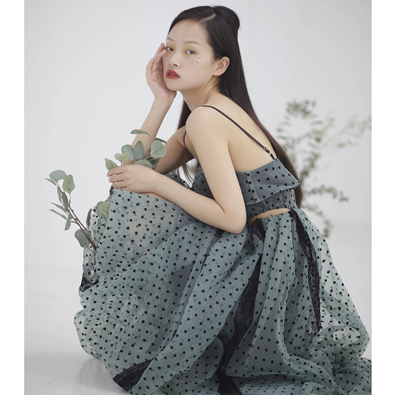 할로우 웨이스트 폴카 도트 오간자 푹신한 스커트 Q266