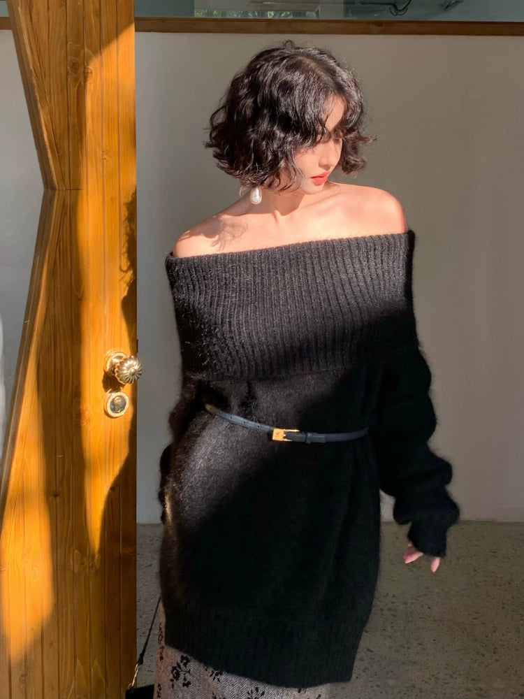 One-Shoulder Raccoon Fleece Wool Sweater – Retro Knit Charm