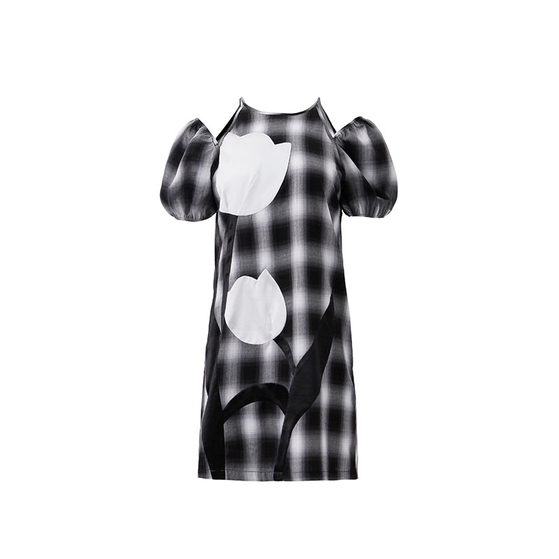 당신은 Uare 튤립 패치 워크 체크워드 드레스입니다