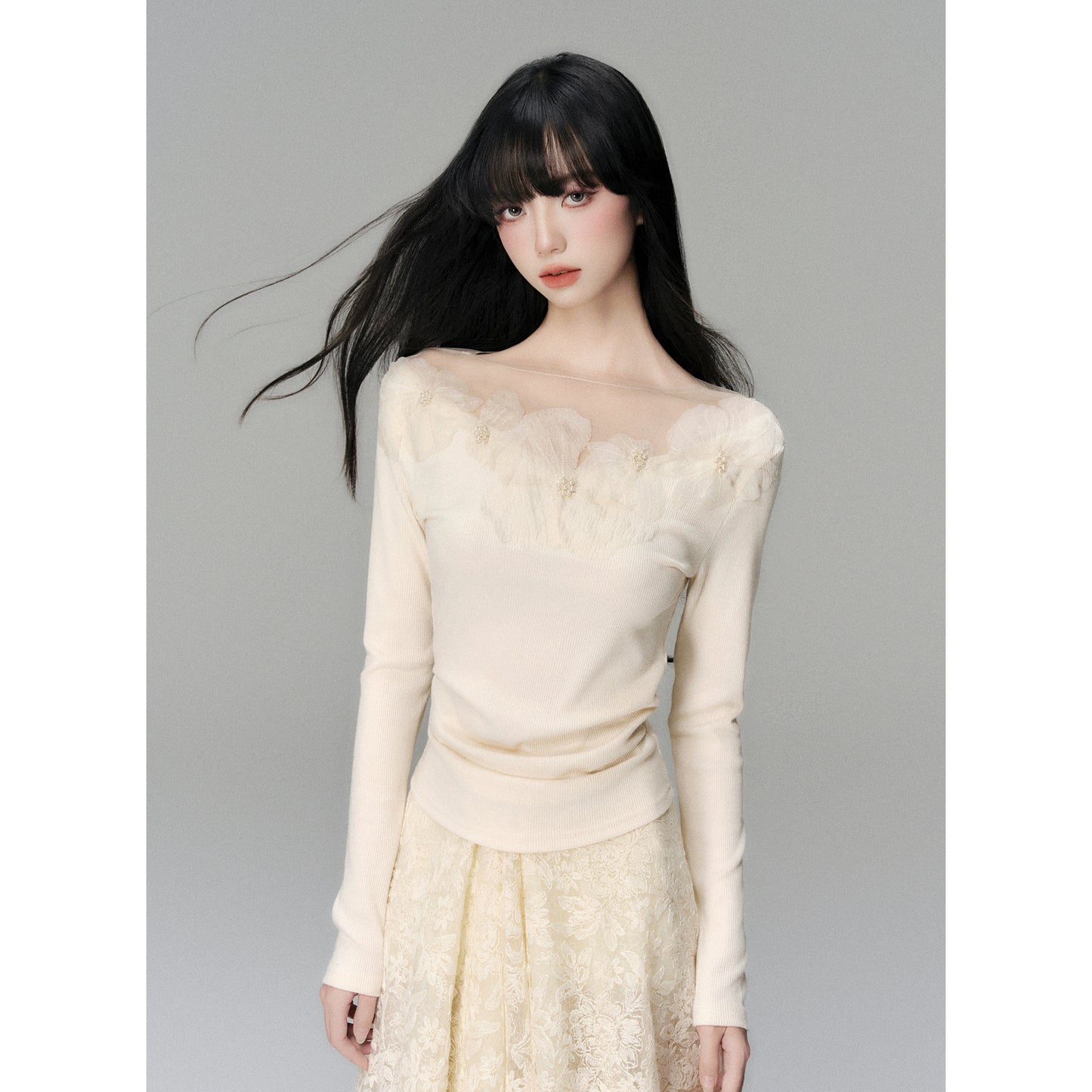 Floral Lace Trim Long-Sleeve Knit Top for Women