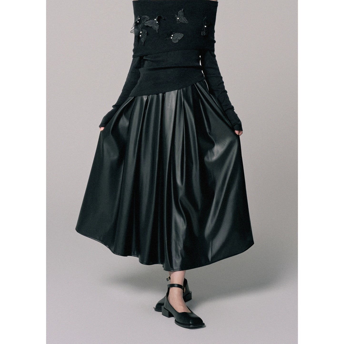 One-Shoulder Knit Top & Pleated Skirt Set for Women