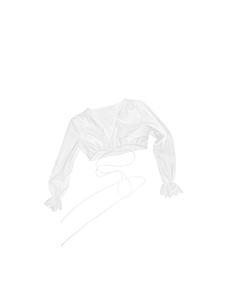 Mini Cut-Out Jacquard Blouse – Puff Sleeve Lace-Up V-Neck Shirt