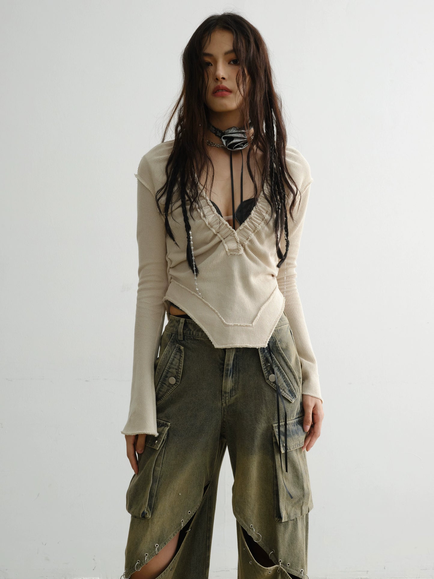 Fur Edge Patchwork Deep V-Knit Base Sweater