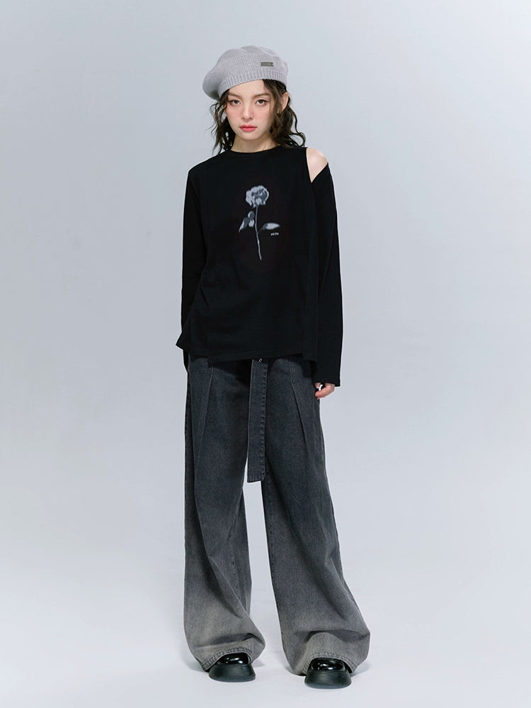 Wide Waist Belt Gradient Loose High Waist Jeans