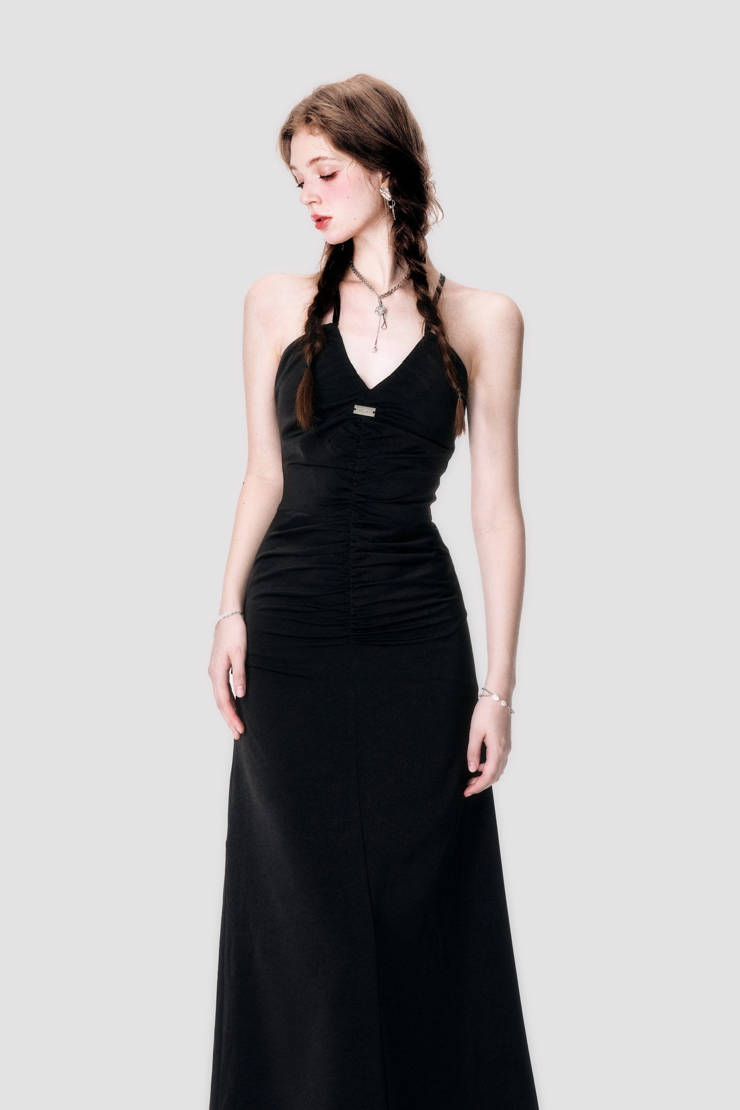Black Satin Cross Neck Dress - Annie Ball
