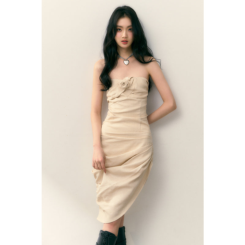 Gold Silk Rose Pleated Dress