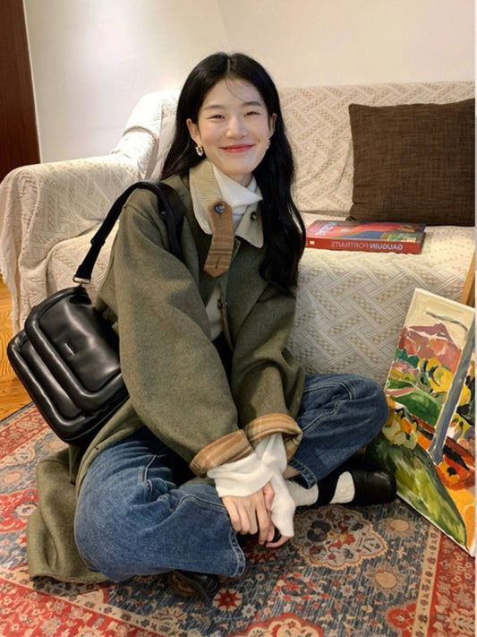 Green Double-Faced Cashmere Coat – British-Inspired Mid-Length Wool Jacket