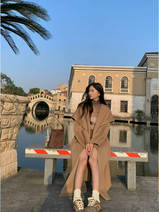 Camel Double-Sided Cashmere Coat – Loose Mid-Length Large Lapel Jacket